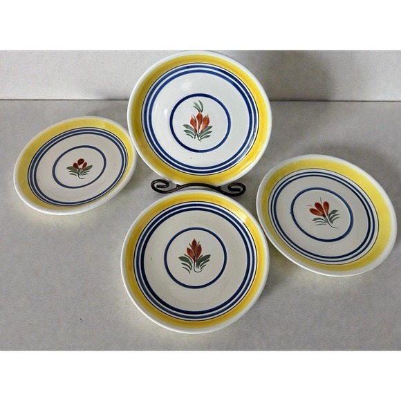 Vintage Henriot Quimper France Hand Painted Faience Floral Bread Plates Set of 4